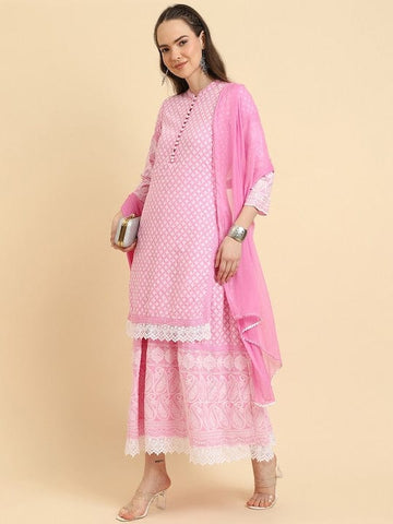 KSUT Women Pink Chikankari Kurta Attached With Skirt And Paired With Dupatta