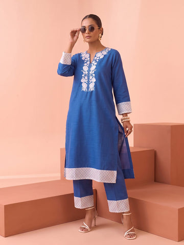 Indigo Blue Embroidered Kurta With Straight Trousers Set