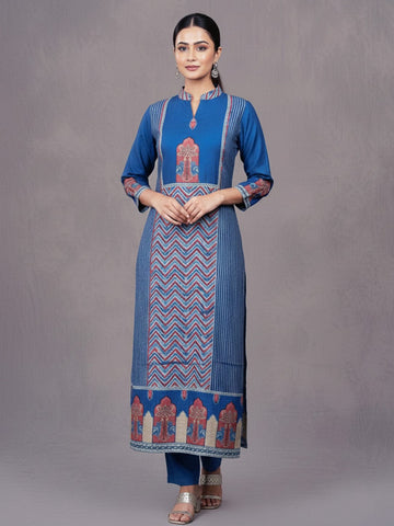 Blue Printed Kurta Set In Modal Silk
