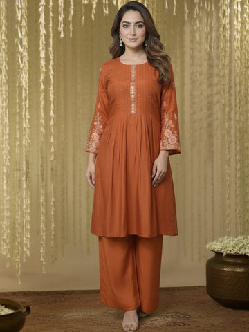 Rust Embroidered Floral Kurta Set