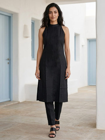 Black Halter Neck Straight Kurta With Pant