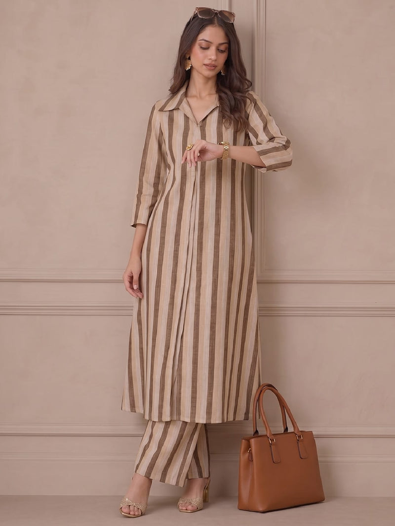 Women Brown Striped Shirt Collar Kurta Set