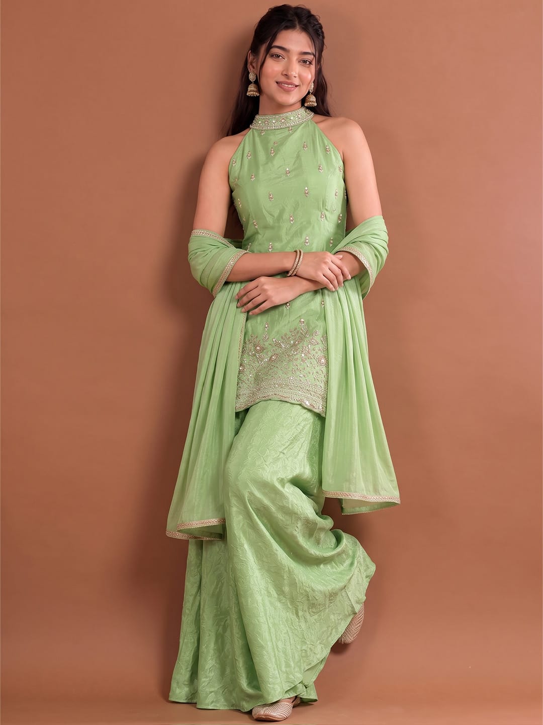 Varanga Women Ethnic Motifs Embroidered Regular Sequinned Kurta with Sharara & With Dupatta