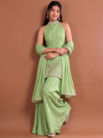 Varanga Women Ethnic Motifs Embroidered Regular Sequinned Kurta with Sharara & With Dupatta