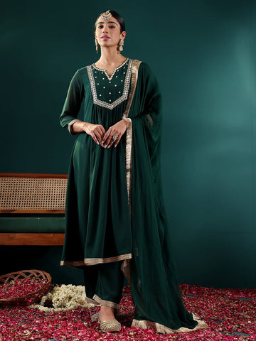 Varanga Women Green Mirror Embroidered Yoke A-Line  Kurta Paired With Bottom And Dupatta