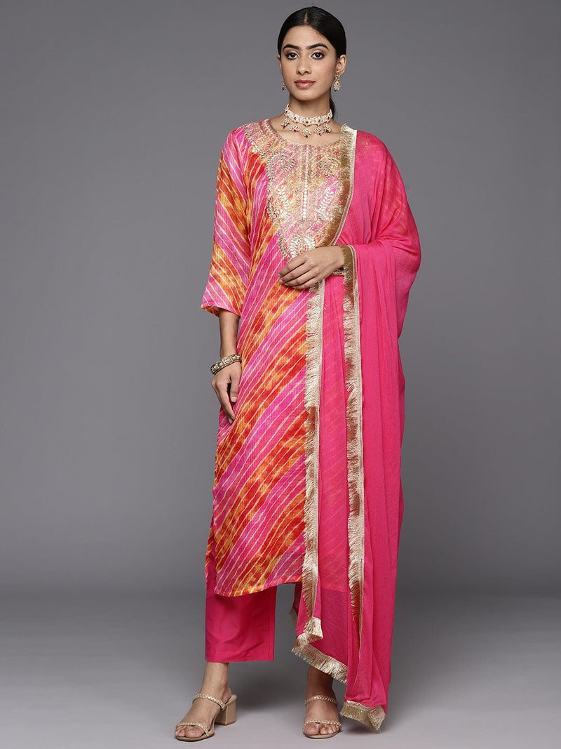 Varanga Women Pink And Yellow Lehariya Gota Embroidered Yoke Kurta With Bottom And Dupatta