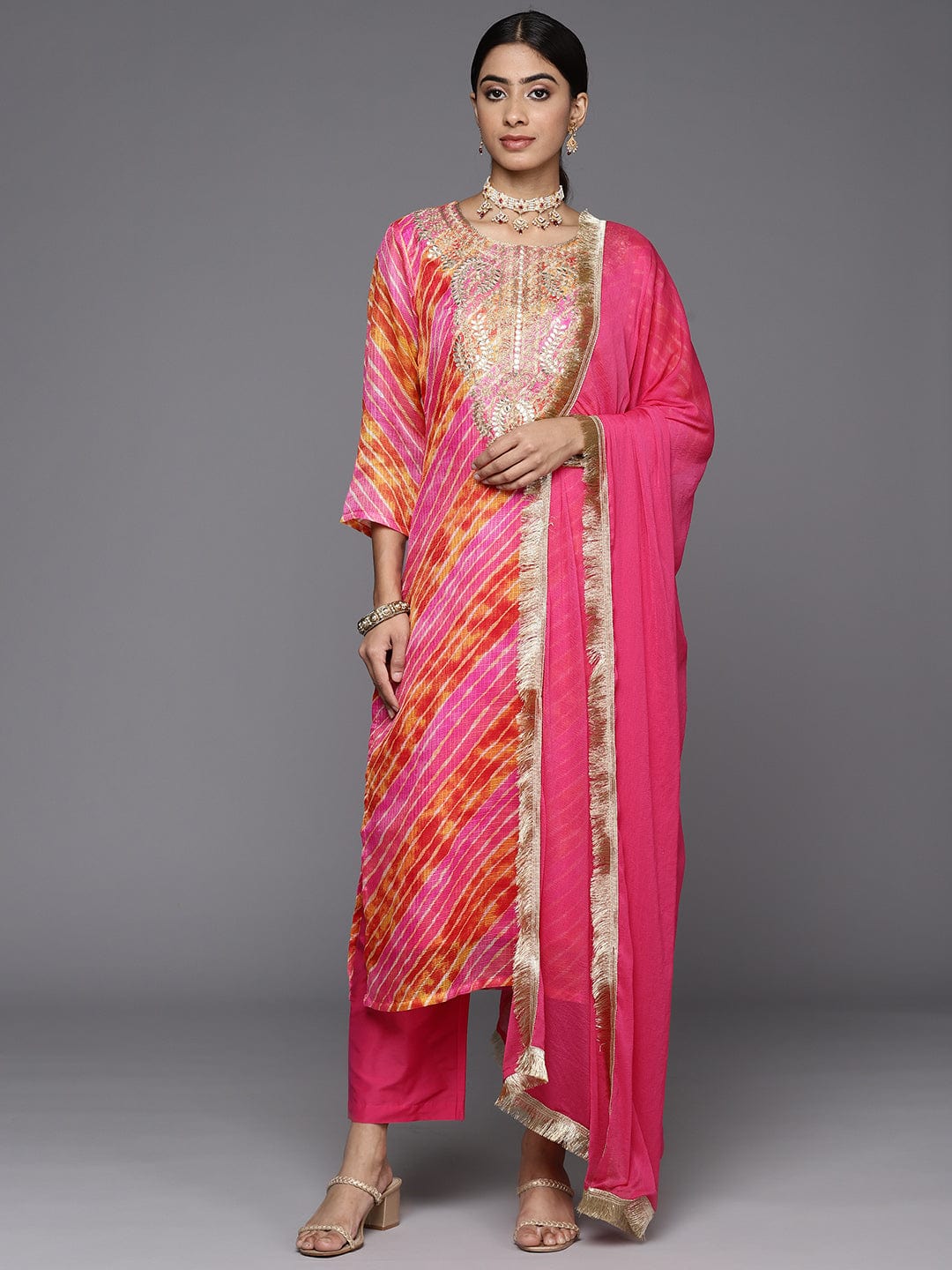 Varanga Women Pink And Yellow Lehariya Gota Embroidered Yoke Kurta With Bottom And Dupatta