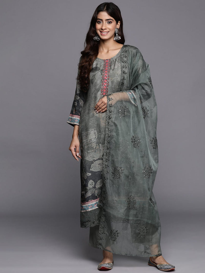 Varanga Women Green Floral Printed Straight Kurta Paired With Tonal Bottom And Tonal Organza Embroidered Dupatta