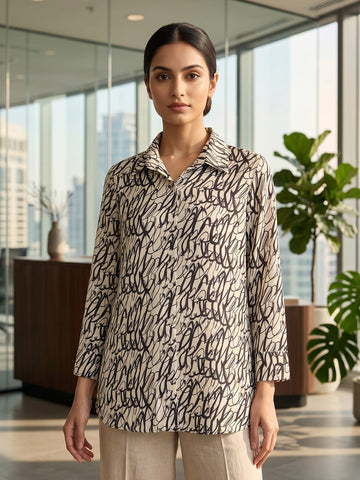 Cream Coloured Slim Collar Long Sleeves Abstract Shirt