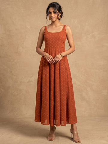 Rust Orange Golden Polka L-Print Sleeveless Anarkali Set