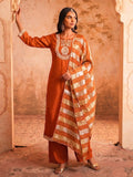 Women Rust Embroidered Kurta Set With Striped Dupatta