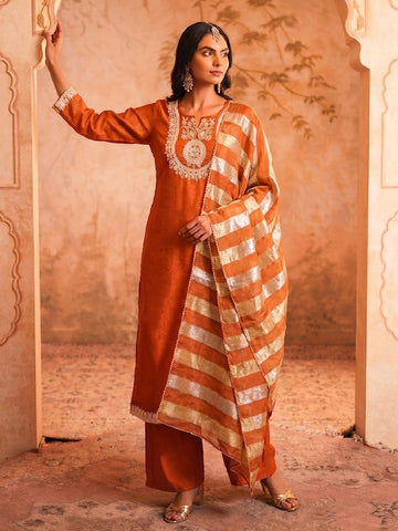 Women Rust Embroidered Kurta Set With Striped Dupatta