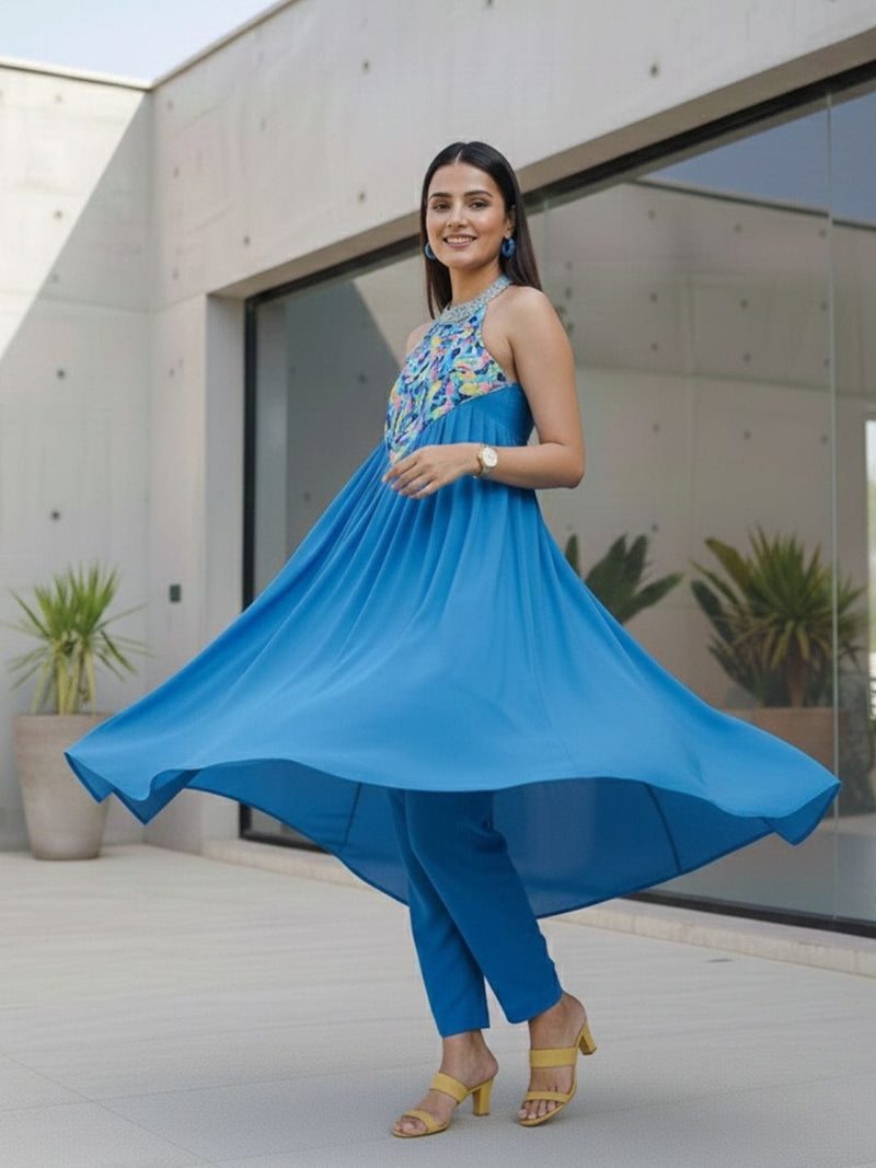 Varanga Women Halter Neck Zari And Sequence Embroidered Sleeveless Flared Kurta Paired With Tonal Bottom