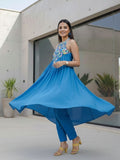 Varanga Women Halter Neck  Zari And Sequence Embroidered Sleeveless Flared Kurta Paired With Tonal Bottom
