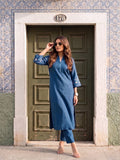 Womens Embroidered Blue Notch-Neck Kurta & Straight Pant Set