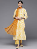 Varanga Women Cream & Yellow Printed Straight Kurta With Gotta Embellishment On Placket, Paired With Straight Bottom And Chiffon Dupatta