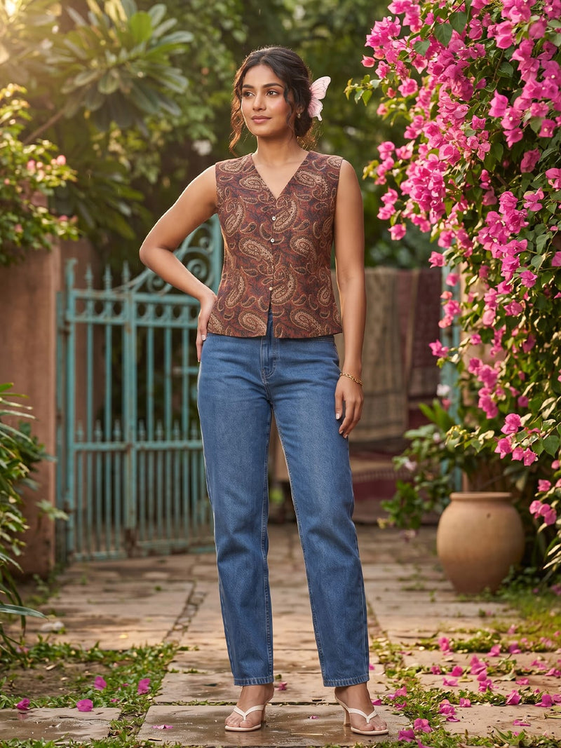 Varanga Women's Rust & brown Paisley Print V-Neck Sleeveless Short top