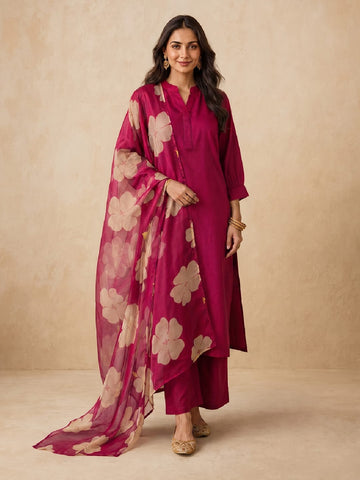 Women's Pink Solid Kurta Set With Floral Printed Dupatta