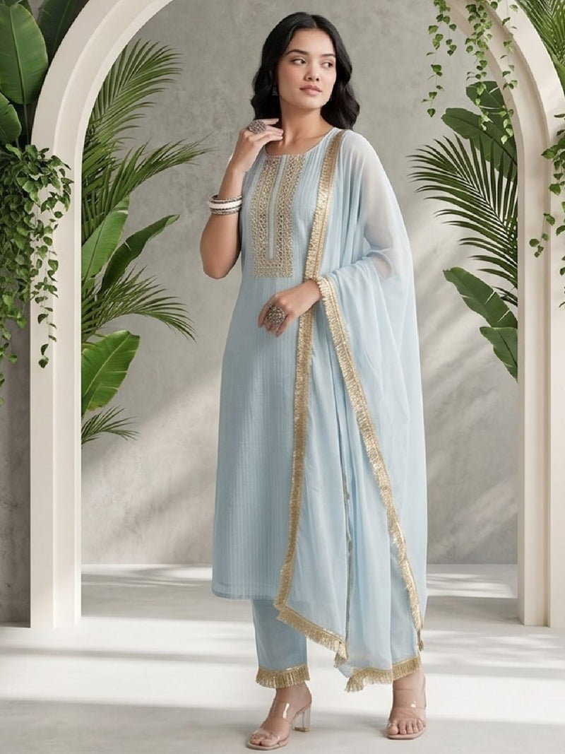 Varanga Women Blue Straight Kurta With Tonal Bottom & Dupatta