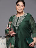 Varanga Women Plus Size Floral Embroidered Chanderi Silk Kurta With Trousers & Dupatta