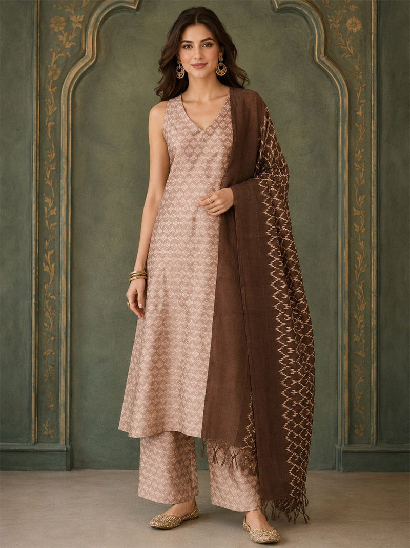 Jaquard V Neck Kurta Set With Dupatta
