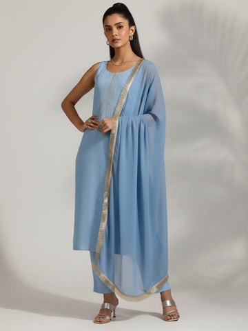 Varanga Women Blue Straight Kurta With Tonal Bottom & Dupatta
