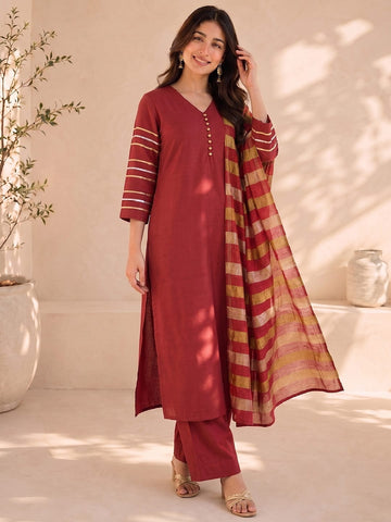 Rust Red Kurta Set Paired With A Shimmering Striped Dupatta