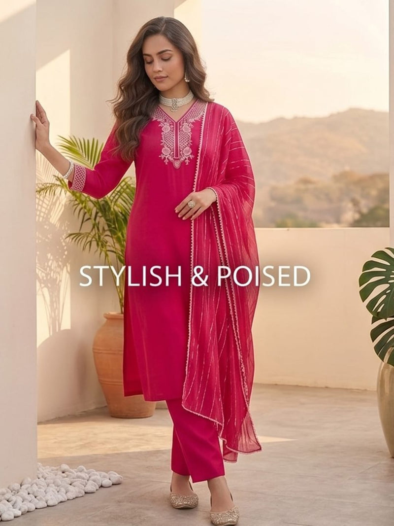 Varanga Women Kurta Adorned With Thread Embroidery With Trousers And Dupatta Featuring Lurex And Lace Detailing
