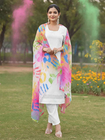 Varanga Women Self Embroidered Schiffli Bordered Kurta with Trouser & Multicolor Dupatta