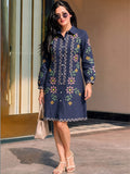 Blue Embroidered Shirt Dress Featuring Vibrant Floral Threadwork