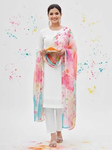 Varanga Women Self Embroidered Schiffli Bordered Kurta with Trouser & Multicolor Dupatta