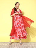 Varanga Women Red & Pink Floral Printed Gotta Patti Silk Georgette Kurta with Palazzos & With Dupatta
