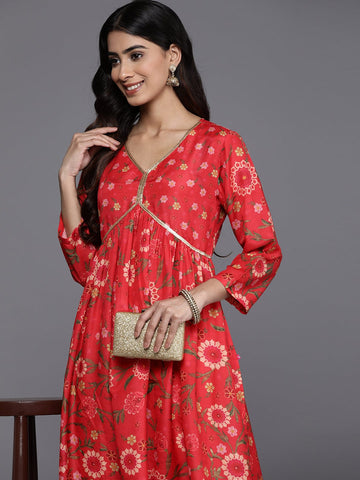 KSUT Women Red Floral Printed Sequin Embellished  A-Line Kurta With Three Quater Sleeves