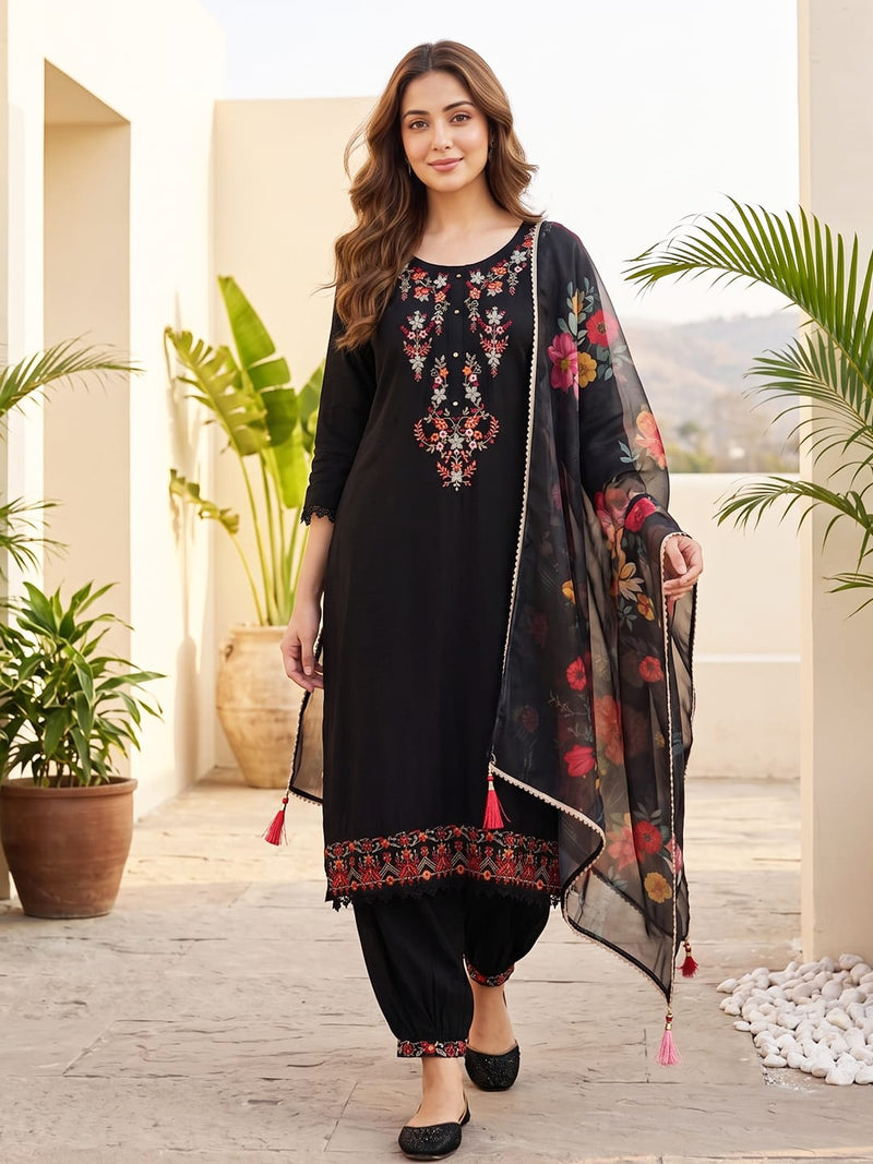 Varanga Women Floral Motif Thread Embroidered Yoke Kurta with Trouser & Dupatta