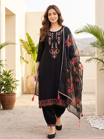 Varanga Women Floral Motif Thread Embroidered Yoke Kurta with Trouser & Dupatta