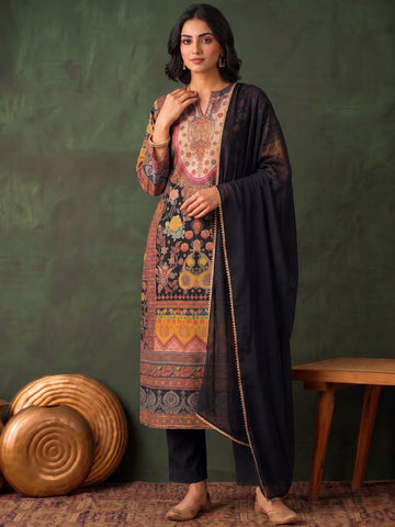 Women'S Black Floral Printed Straight Kurta Set With Tonal Dupatta