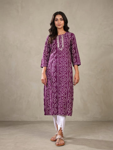 Varanga Women Purple & White Bandhani Printed Kurta