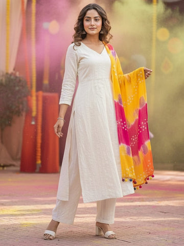 Women's Ivory A-Line Kurta with  Vertical Stripes