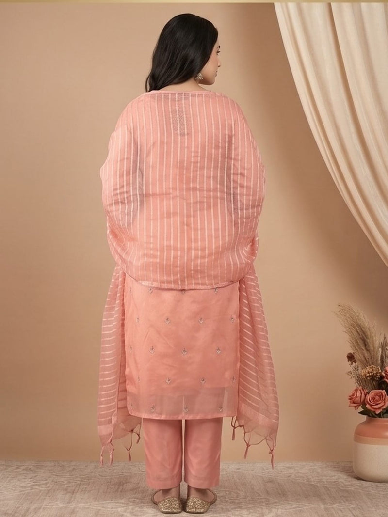 Zari-Embroidered Kurta Paired With Solid Trousers And A Tonal Dupatta .