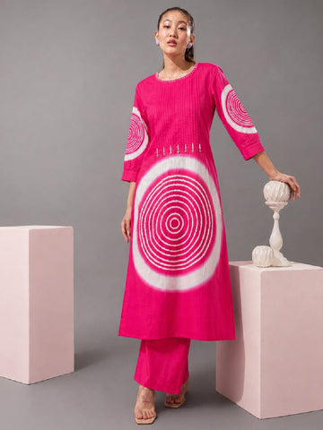 Women'S Pink Abstract Printed Straight Kurta With Pintuck Detailing