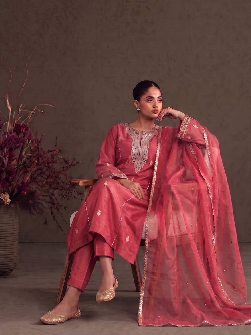 Salmon Pink Zardosi Embroidered Silk Suit Set