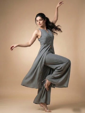 Solid Grey Halter Neck Front Slit Kurta With Palazzos