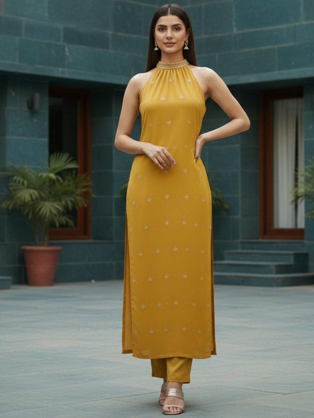 Varanga Women Halter Neck Straight Lurex Kurta with trouser