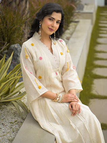 Women's Cream Embroidered A-Line Anarkali Kurta and Wide-Leg Trouser Set