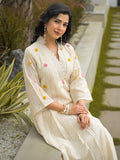 Women's Cream Embroidered A-Line Anarkali Kurta and Wide-Leg Trouser Set
