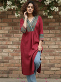Deep Red Geometric Print A-Line Kurta