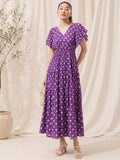 Women's Purple Ethnic Print Tiered Maxi Dress With Flutter Sleeves