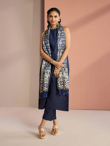 Varanga Women Navy Blue Halter Neck Solid Kurta Paired With Tonal Solid  Bottom And Tonal Bhagalpuri Printed Dupatta