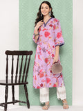 Varanga Women Lavender Floral Printed V-Neck Straight Kurta With Bell Sleeves