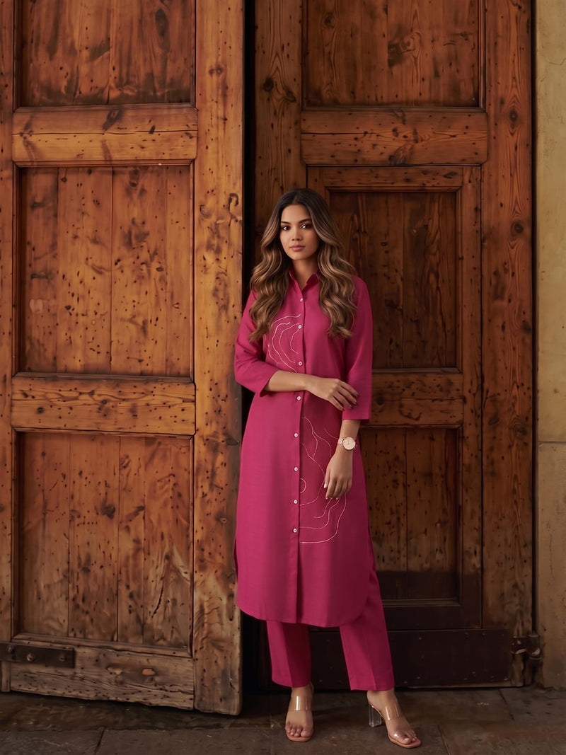Womens Magenta asymmetrical -Embroidered kurta set